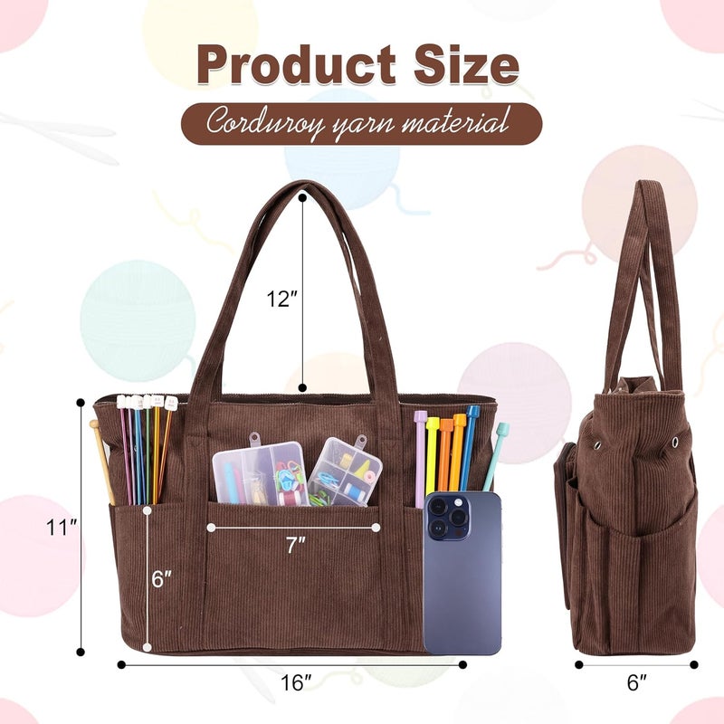 LOOEN Crochet Bag Organizer, Large Capacity Yarn Storage Bag, Portable Corduroy Knitting Bag and Totes for Travel, Used to Organize Yarn, Crochet Hooks, Ideal Gift for Crochet Lovers(Brown) - Image 2